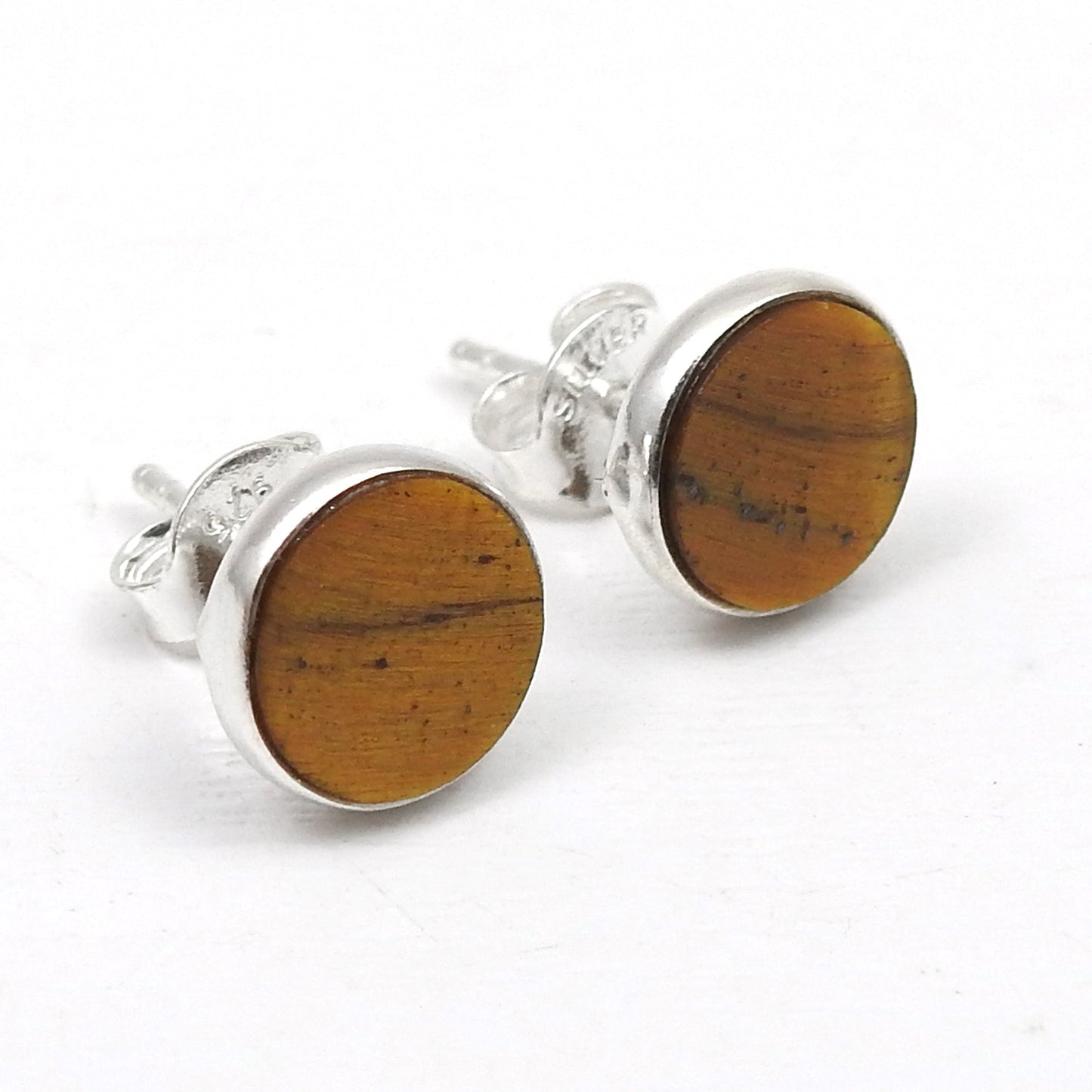 8mm Round Tiger Eye 925 Sterling Silver Handmade Stud Earrings Jewelry