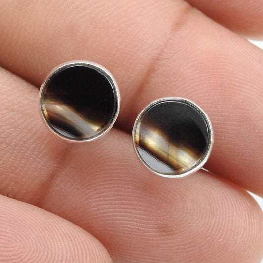 8mm Round Striped Onyx 925 Sterling Silver Stud Earrings Women Jewelry