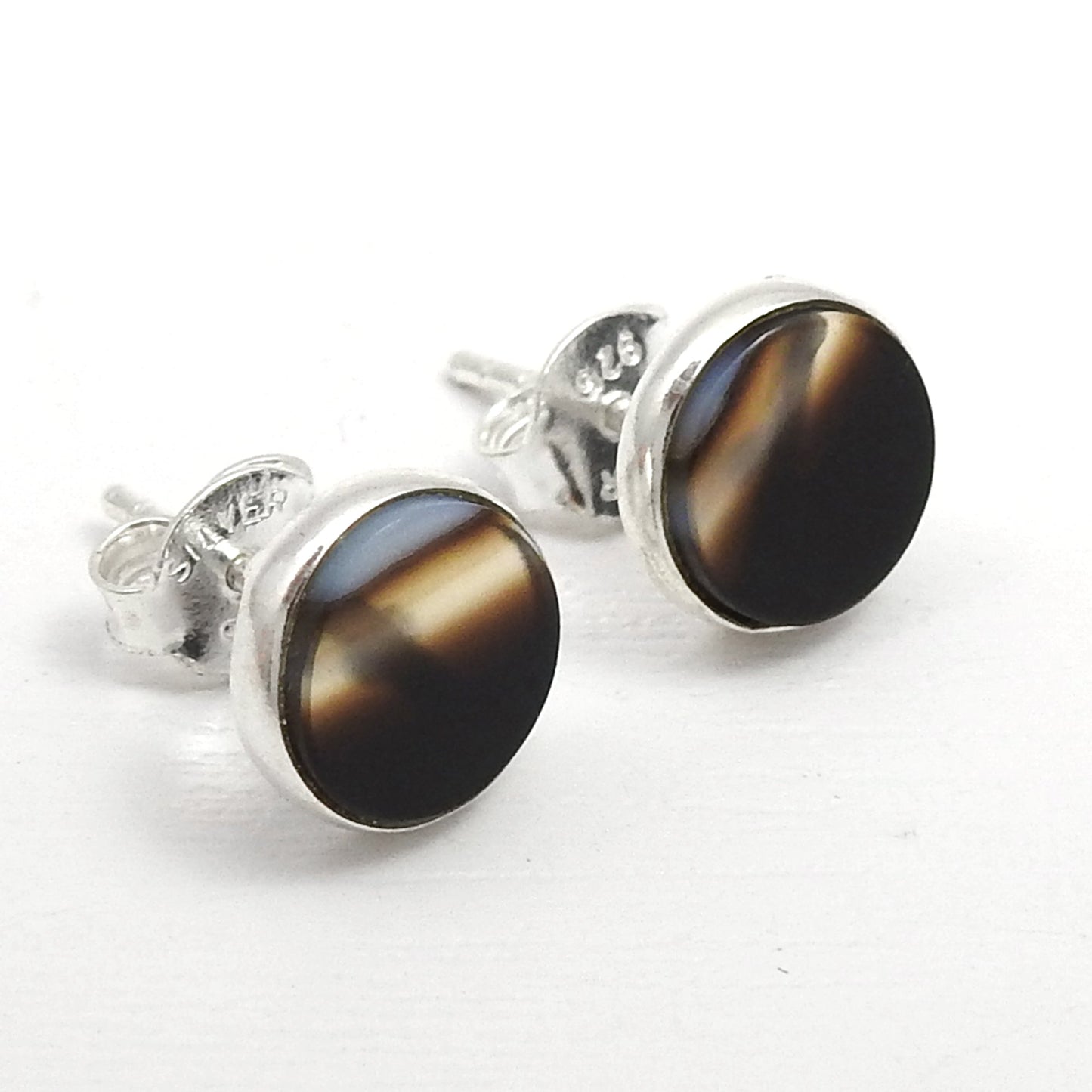 8mm Round Striped Onyx 925 Sterling Silver Stud Earrings Women Jewelry