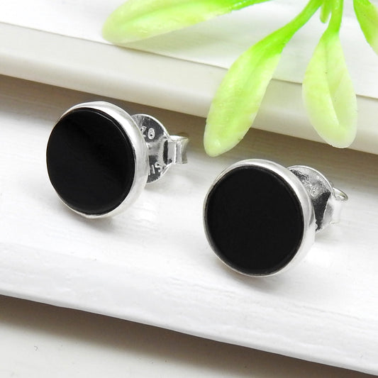 8mm Round Black Onyx Gemstone Stud Earrings 925 Sterling Silver Jewelry