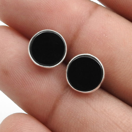 8mm Round Black Onyx Gemstone Stud Earrings 925 Sterling Silver Jewelry