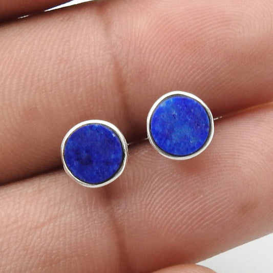 6mm Round Natural Lapis Lazuli 925 Solid Silver Bezel Stud Earrings