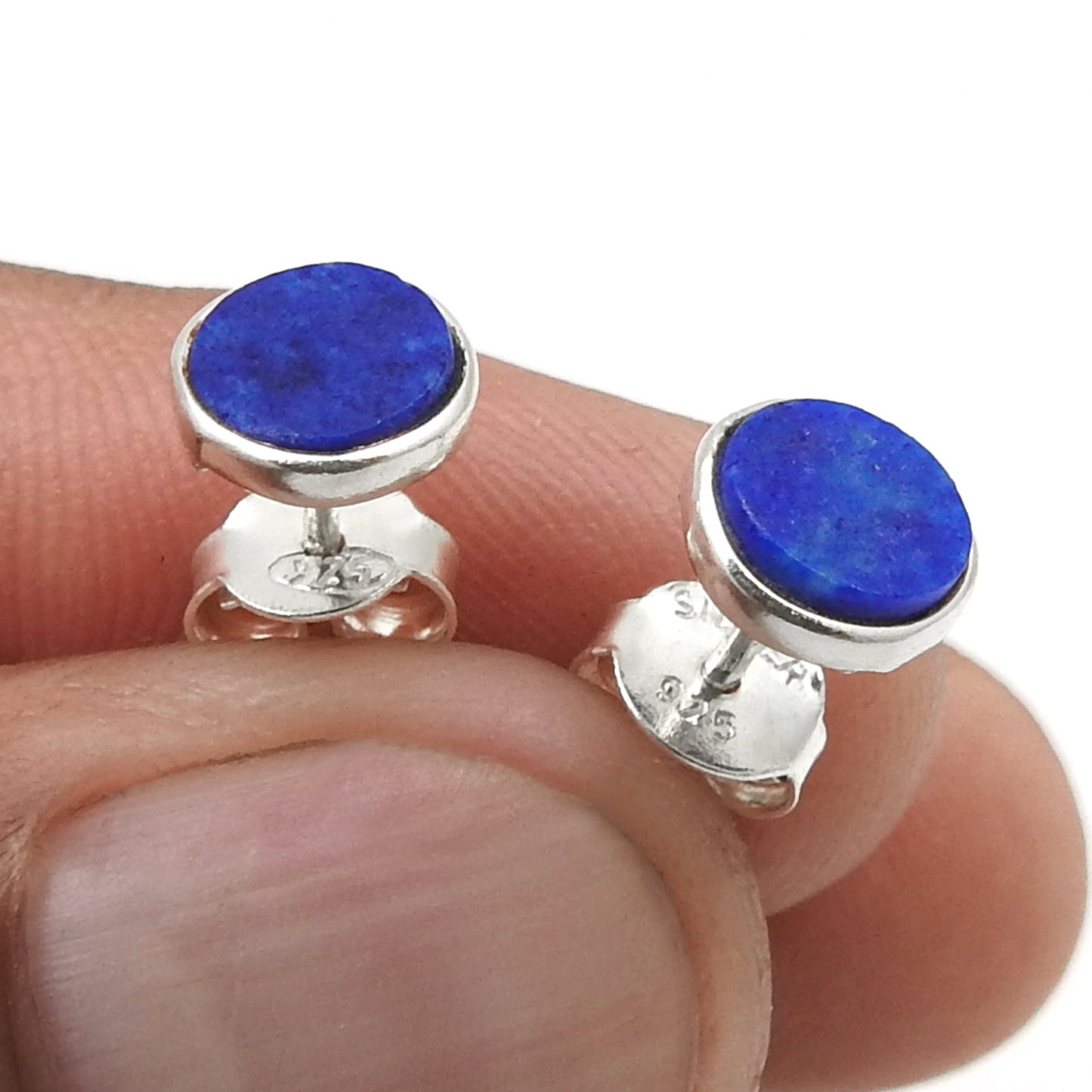 6mm Round Natural Lapis Lazuli 925 Solid Silver Bezel Stud Earrings