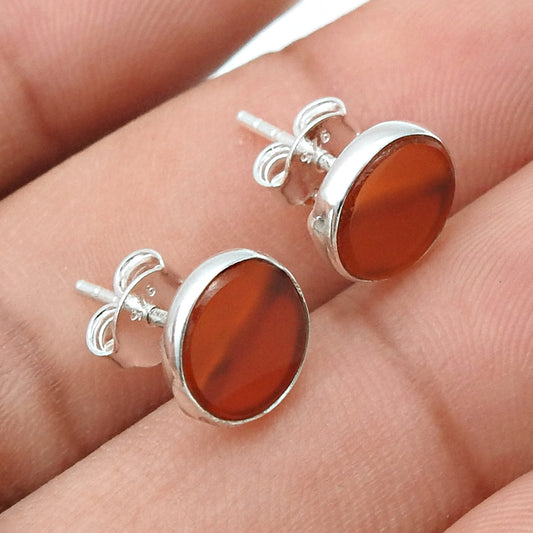 8mm Round Carnelian Gemstone 925 Sterling Silver Stud Earrings Jewelry