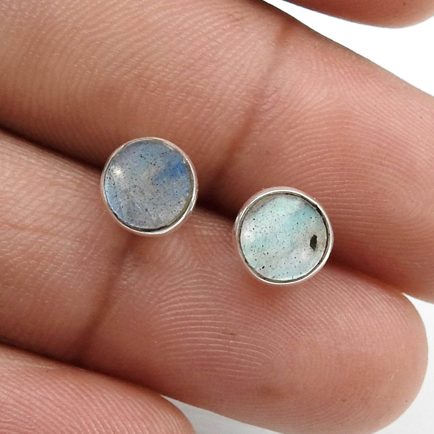 6mm Round Labradorite Gemstone 925 Silver Bezel Stud Earrings