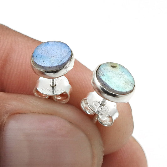 6mm Round Labradorite Gemstone 925 Silver Bezel Stud Earrings