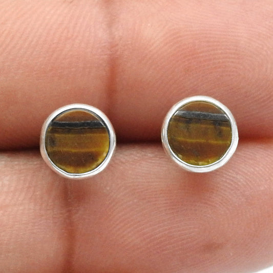 6mm Round Tiger Eye Gemstone 925 Sterling Silver Stud Earrings