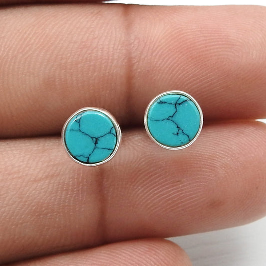 6mm Round Turquoise Gemstone Solid 925 Silver Stud Earrings