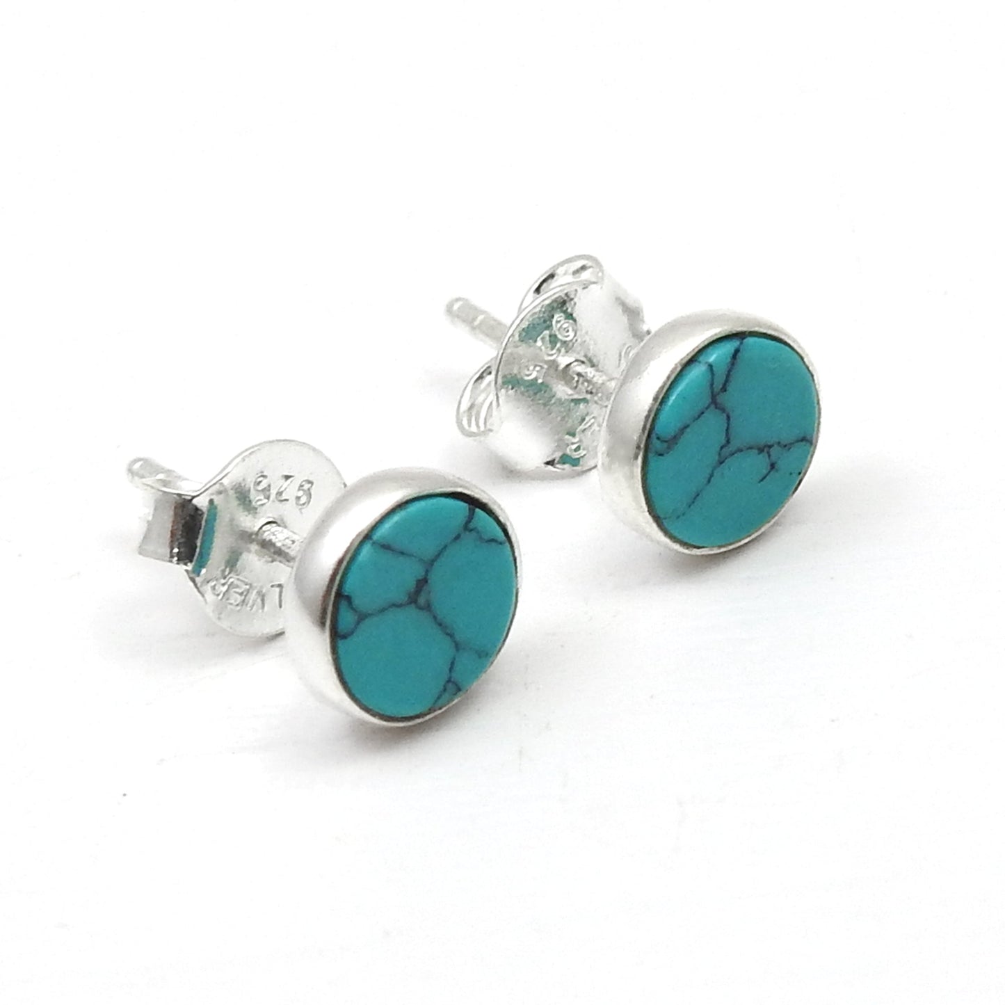 6mm Round Turquoise Gemstone Solid 925 Silver Stud Earrings