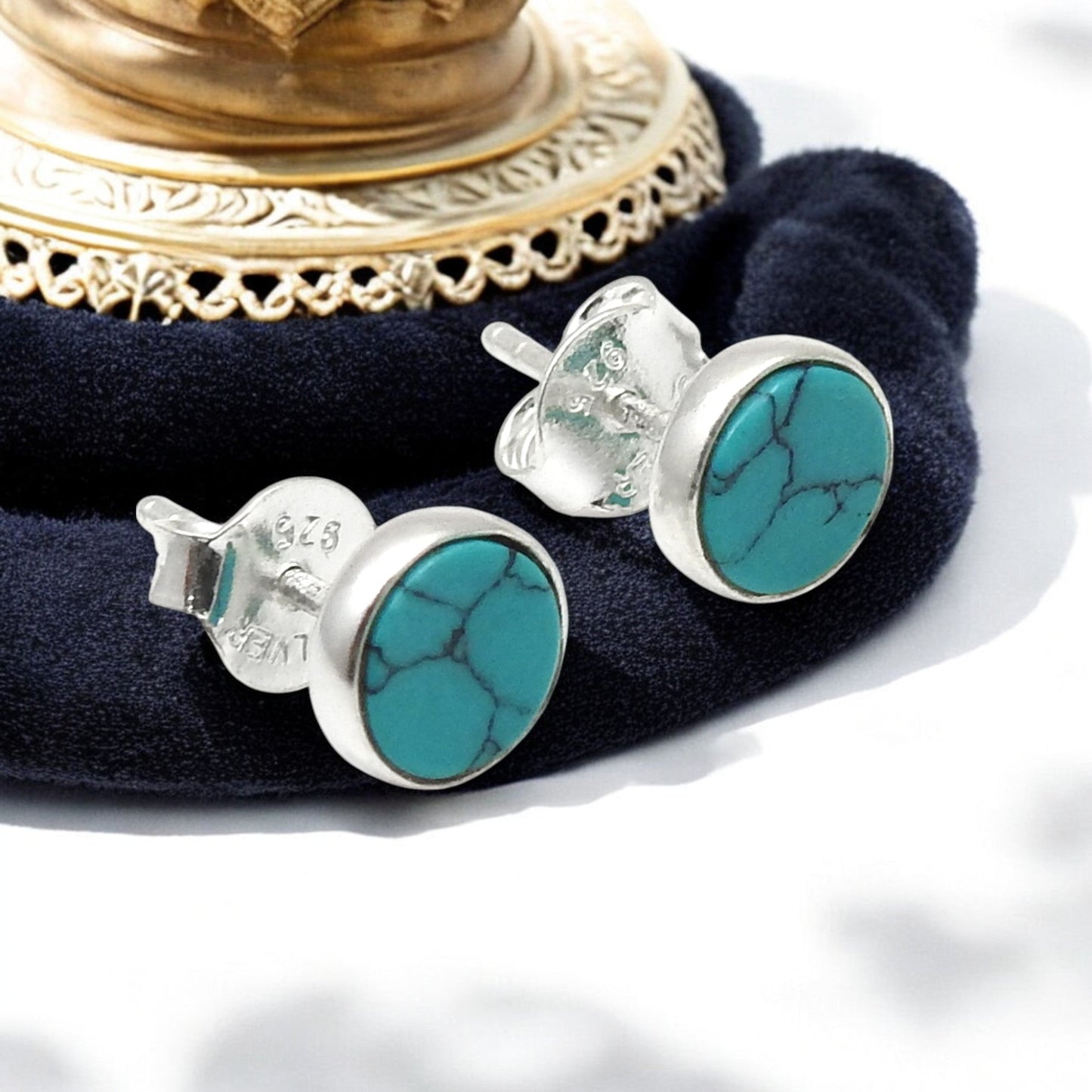 6mm Round Turquoise Gemstone Solid 925 Silver Stud Earrings