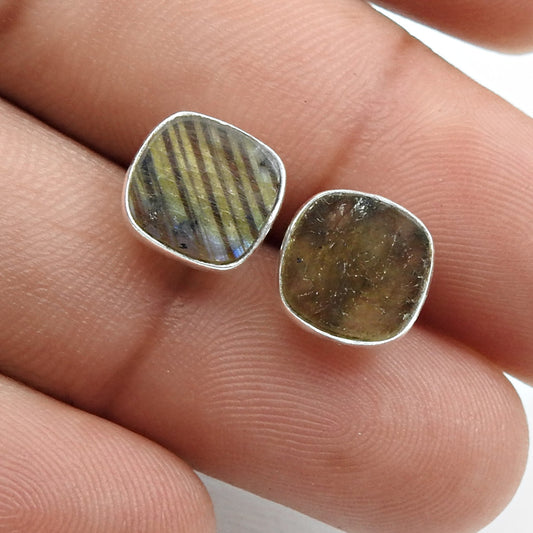 8mm Square Natural Labradorite 925 Sterling Silver Bezel Stud Earrings