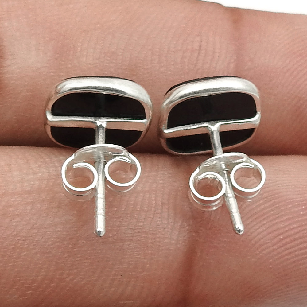 8mm Square Natural Black Onyx 925 Sterling Silver Bezel Stud Earrings