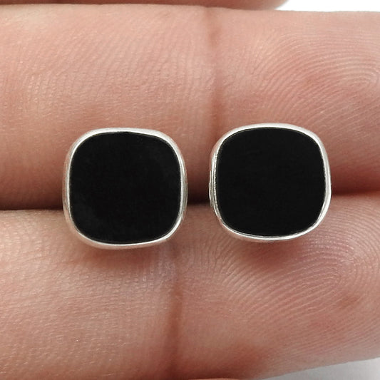 8mm Square Natural Black Onyx 925 Sterling Silver Bezel Stud Earrings