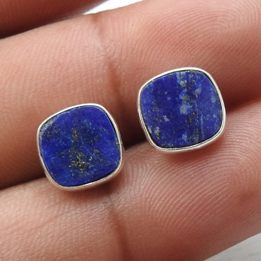 8mm Square Lapis Lazuli Gemstone 925 Silver Handmade Stud Earrings