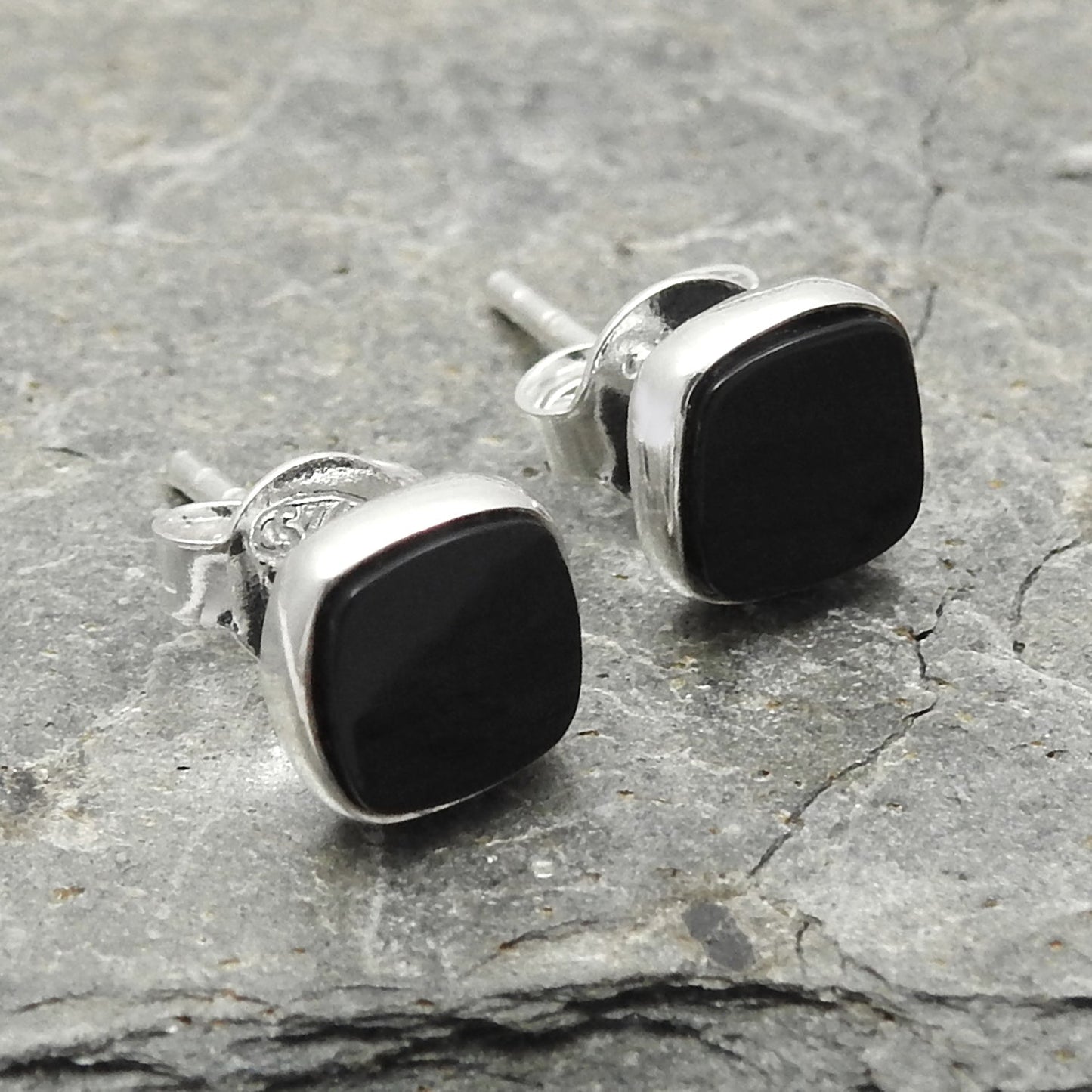 6mm Square Black Onyx 925 Solid Silver Women Bezel Stud Earrings