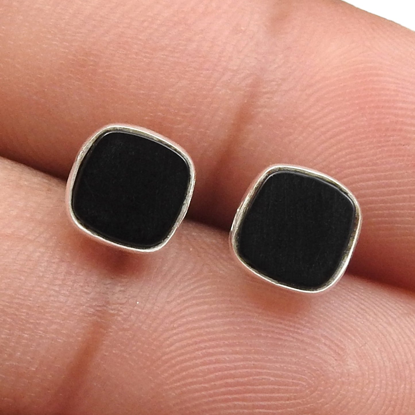 6mm Square Black Onyx 925 Solid Silver Women Bezel Stud Earrings