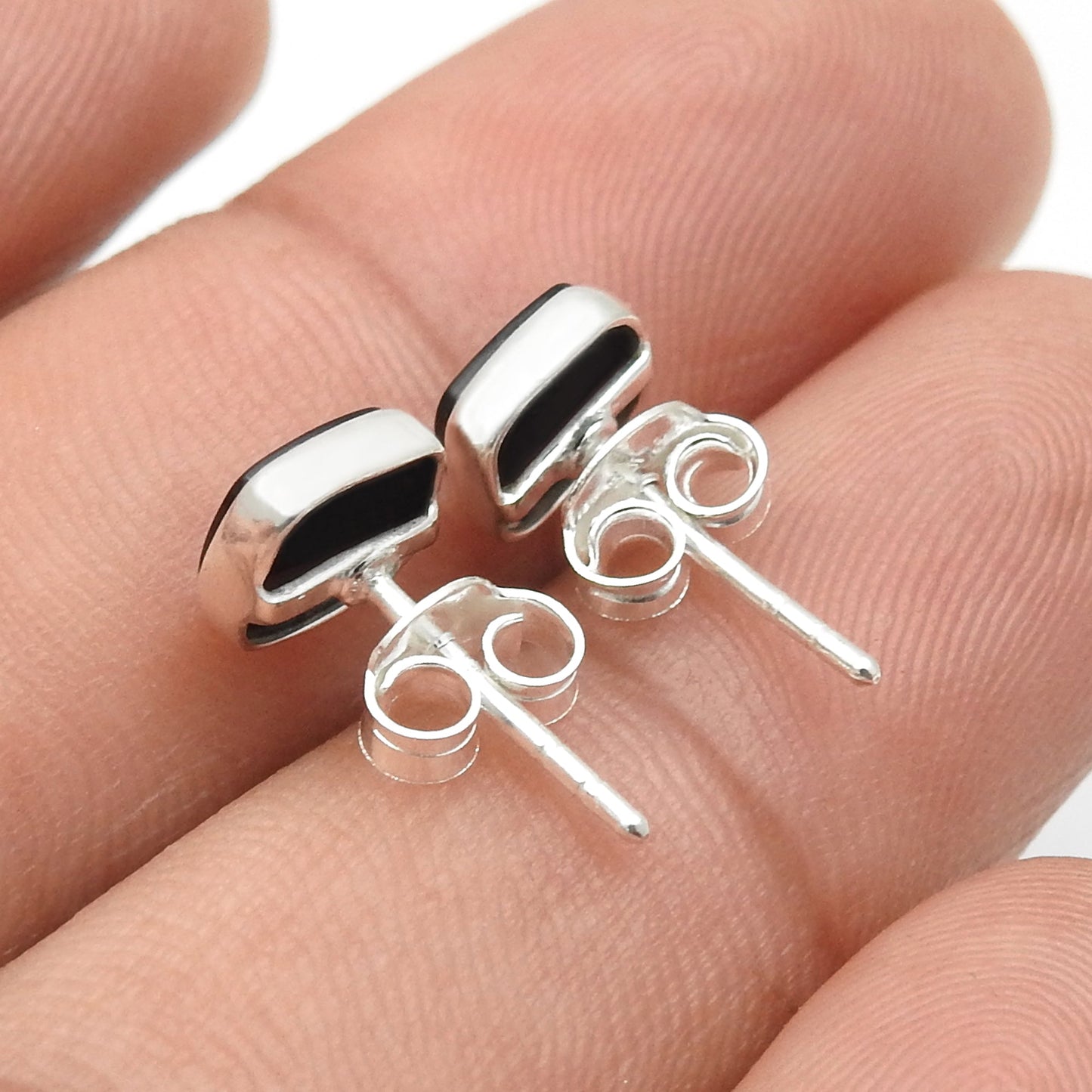 6mm Square Black Onyx 925 Solid Silver Women Bezel Stud Earrings