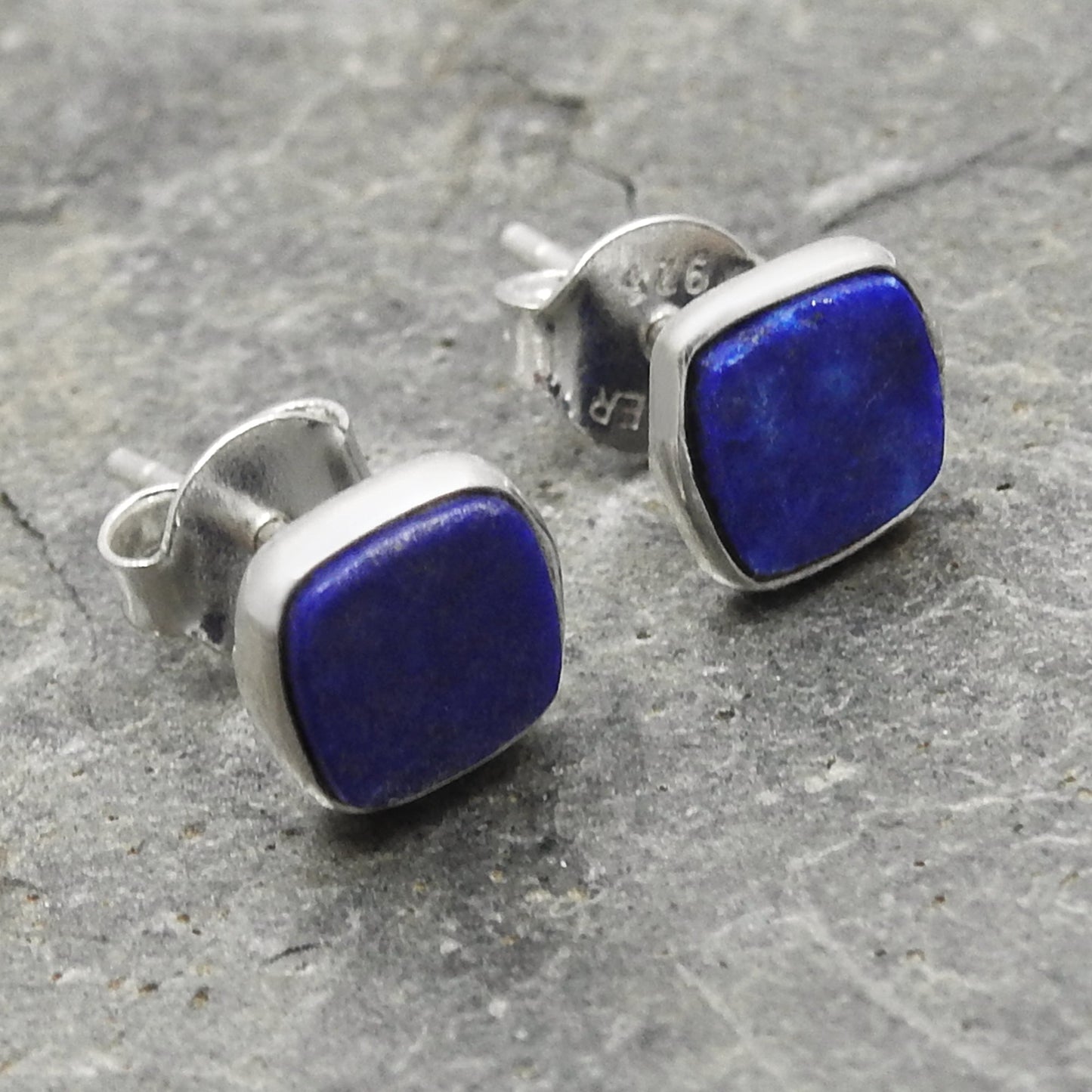 6mm Square Lapis Lazuli Gemstone 925 Sterling Silver Handmade Stud Earrings