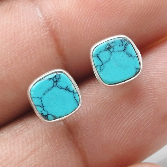 6mm Square Turquoise Gemstone 925 Sterling Silver Bezel Stud Earrings