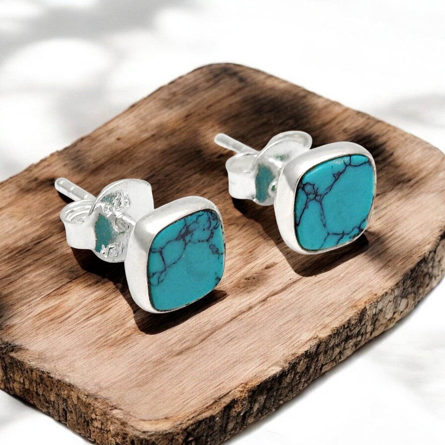 6mm Square Turquoise Gemstone 925 Sterling Silver Bezel Stud Earrings