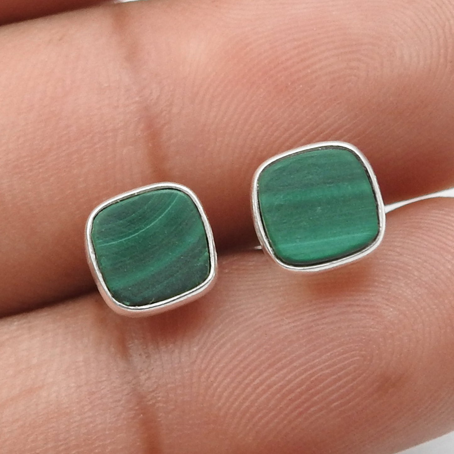 6mm Square Malachite Gemstone 925 Sterling Silver Handmade Stud Earrings