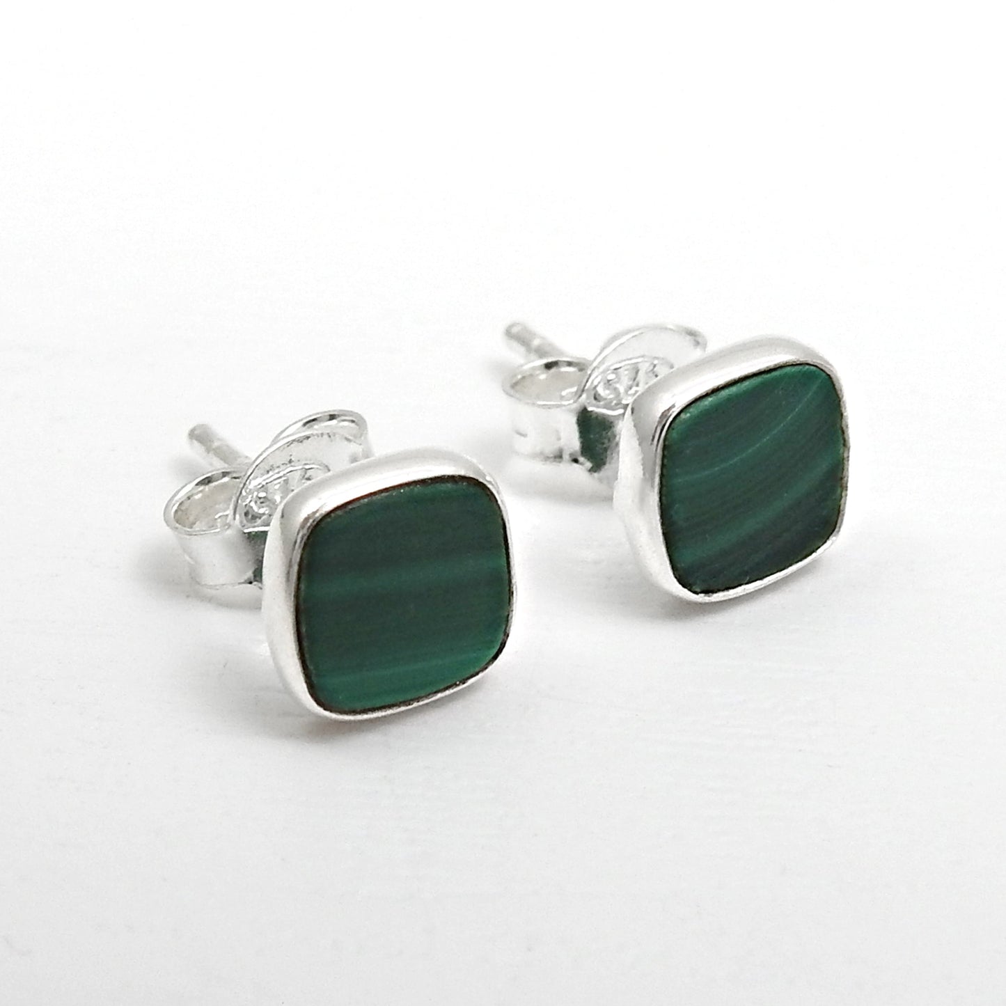 6mm Square Malachite Gemstone 925 Sterling Silver Handmade Stud Earrings