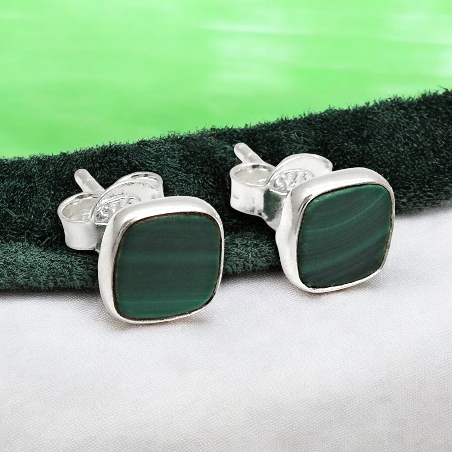 6mm Square Malachite Gemstone 925 Sterling Silver Handmade Stud Earrings