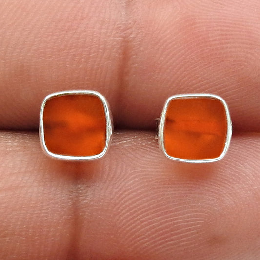 6mm Square Carnelian 925 Sterling Silver Bezel Stud Earrings