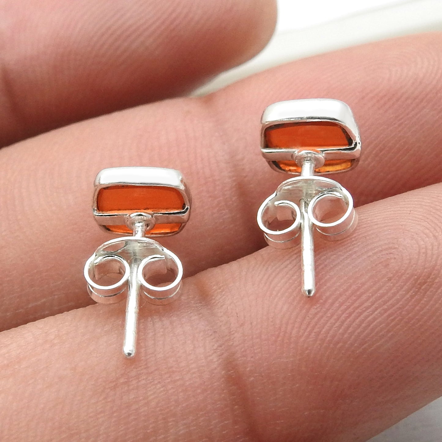 6mm Square Carnelian 925 Sterling Silver Bezel Stud Earrings