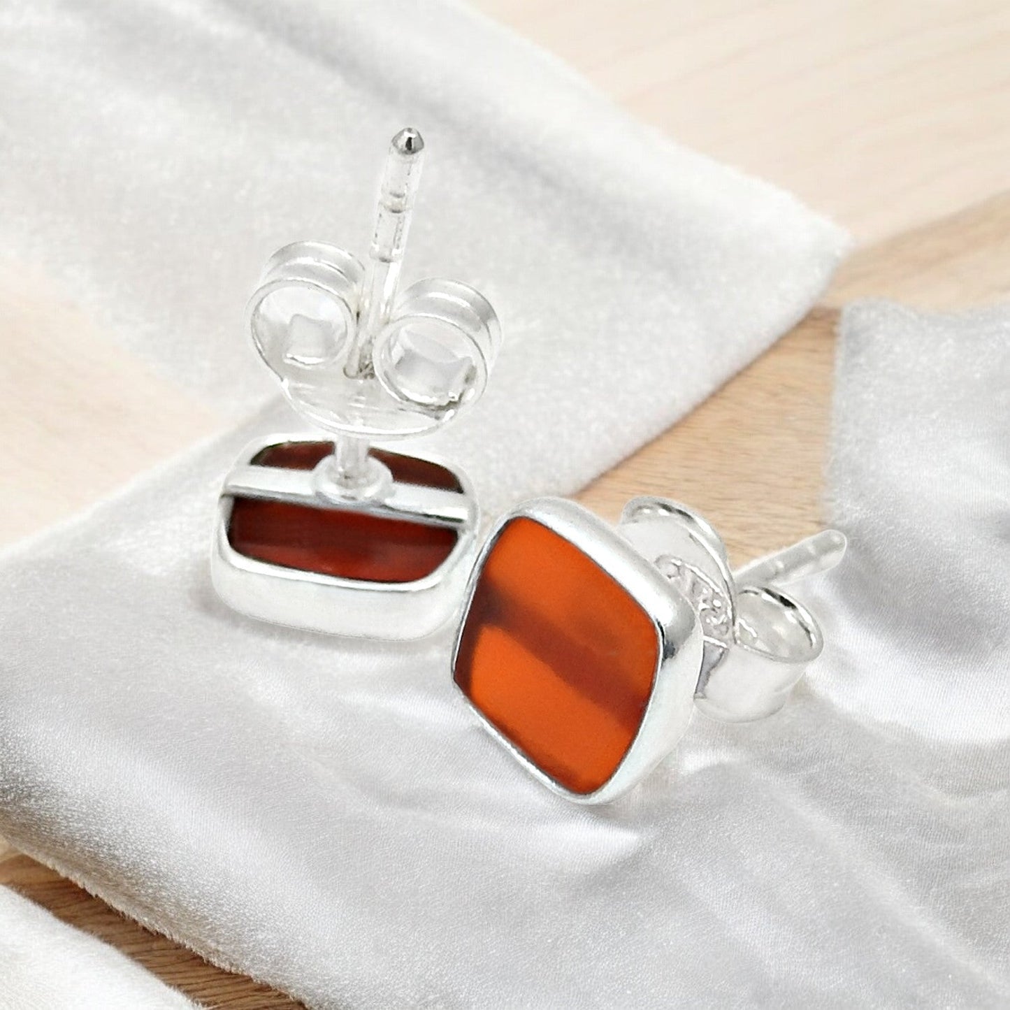 6mm Square Carnelian 925 Sterling Silver Bezel Stud Earrings