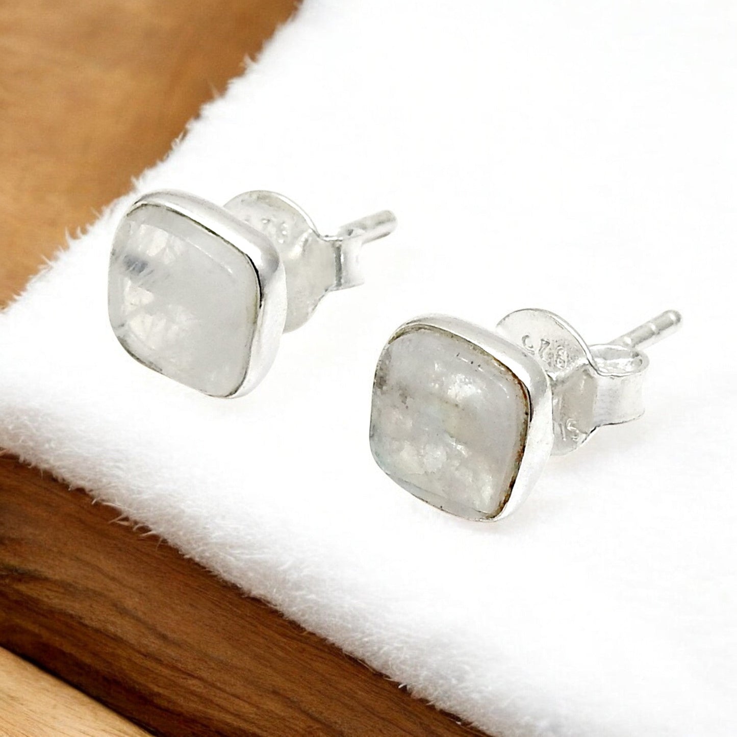 6mm Square Rainbow Moonstone 925 Sterling Silver Bezel Stud Earrings Jewelry