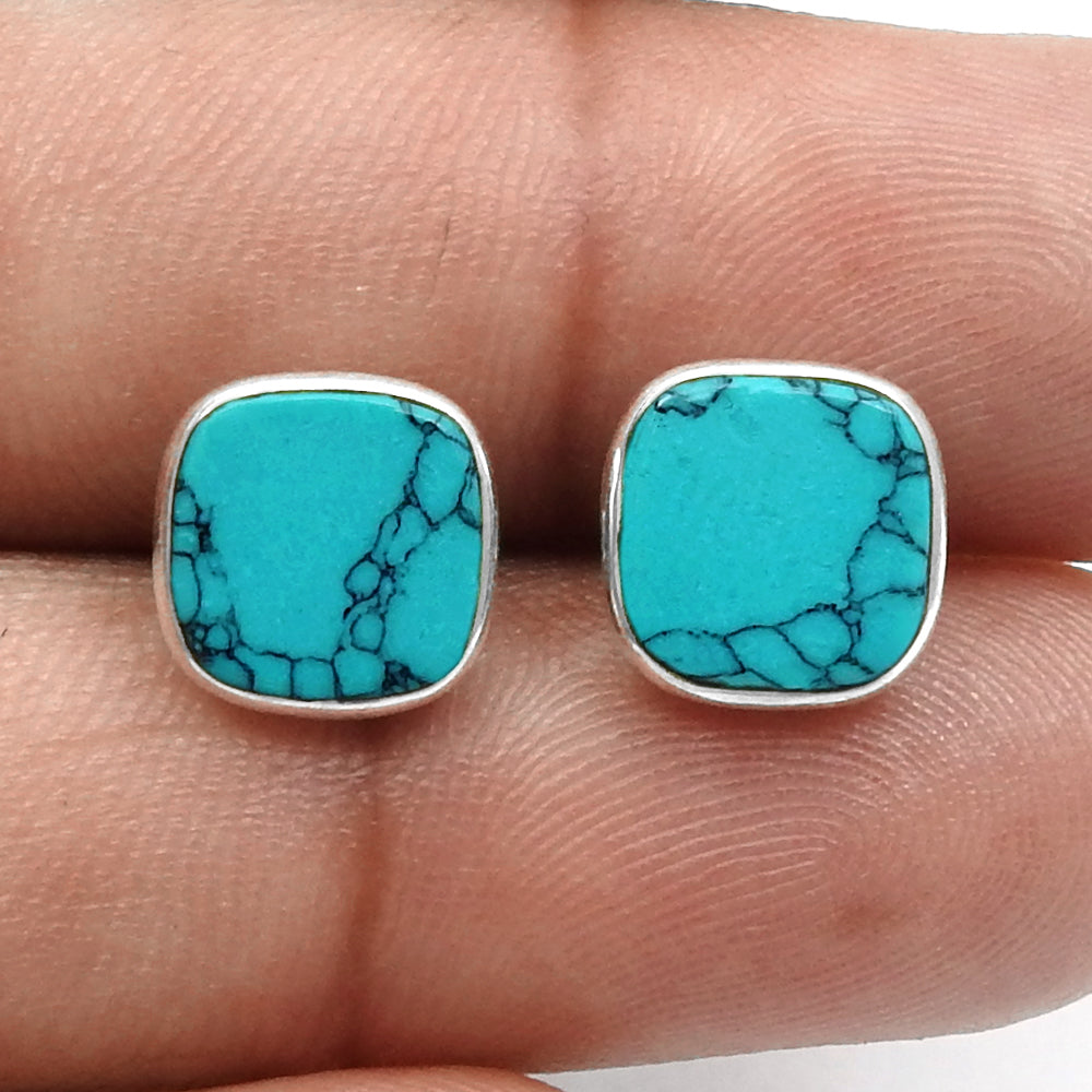 8mm Square Turquoise Gemstone 925 Silver Handmade Stud Earrings Jewelry