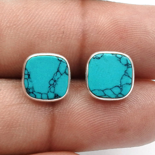 8mm Square Turquoise Gemstone 925 Silver Handmade Stud Earrings Jewelry