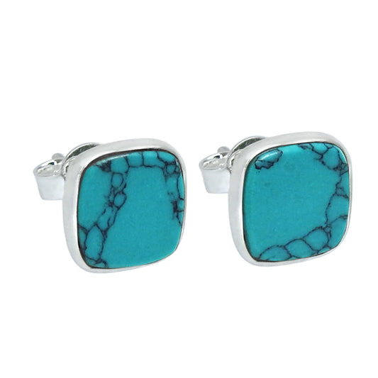 8mm Square Turquoise Gemstone 925 Silver Handmade Stud Earrings Jewelry