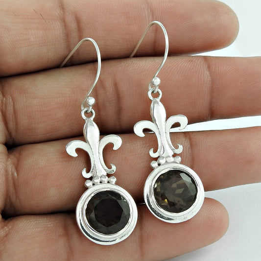 Natural Smoky Quartz Gemstone Drop Dangle Boho Earrings 925 Silver For Girls U56