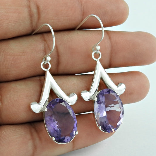 Woman Gift 925 Silver Natural Amethyst Drop Dangle Ethnic Earrings S13