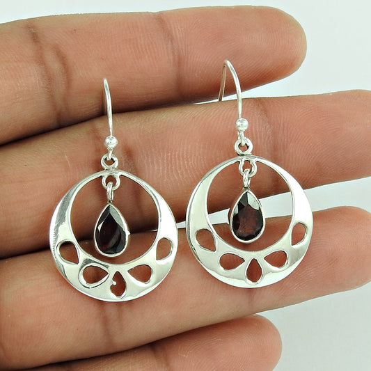 Pear Garnet Gemstone Sterling Silver Boho Wedding Dangle Drop Handmade Earrings