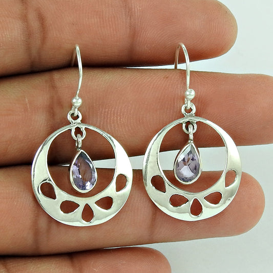 Natural Amethyst Gemstone Drop Dangle Bohemian Purple Earrings 925 Silver C15