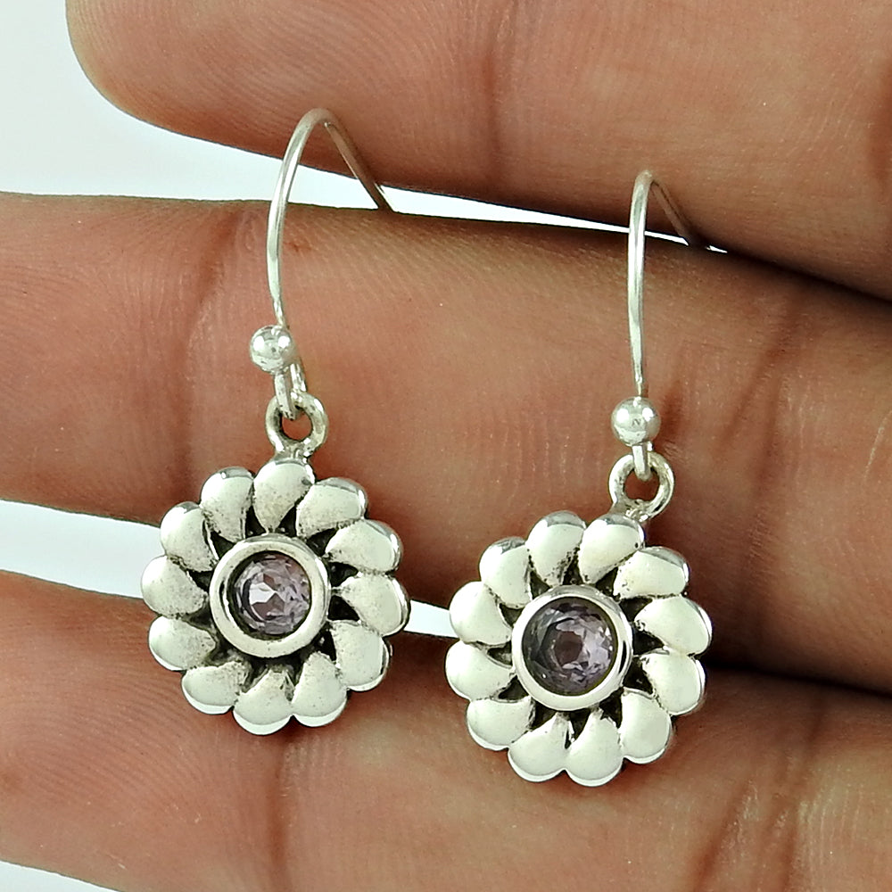 Round Amethyst Gemstone Sister Trendy Dangle Bezel Boho Earrings Sterling Silver