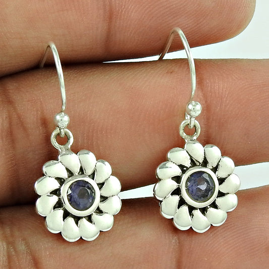 Natural Iolite Gemstone Drop Dangle Bohemian Earrings 925 Silver For Women G6