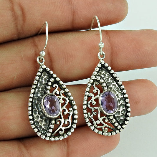 Natural Amethyst Gemstone 925 Sterling Silver Dangle Earrings For Women N7