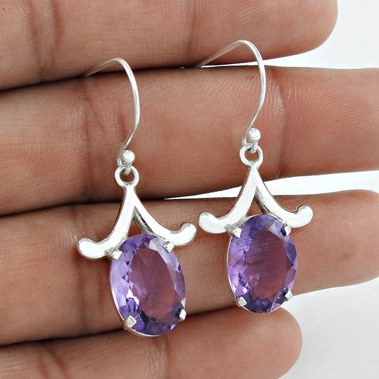 Natural Amethyst Gemstone Drop Dangle Tribal Purple Earrings 925 Silver F25