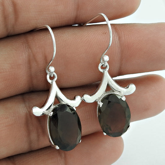 Gift For Woman Drop Dangle Boho Earrings 925 Silver Natural Smoky Quartz H59