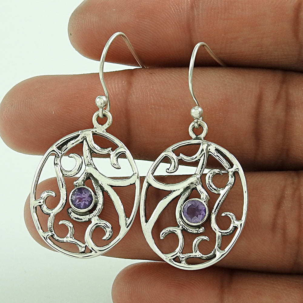 Gift For Women Drop Dangle Vintage Earrings 925 Silver Natural Amethyst V87