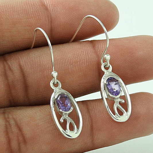 Natural Amethyst Gemstone Drop Dangle Vintage Purple Earrings 925 Silver D15