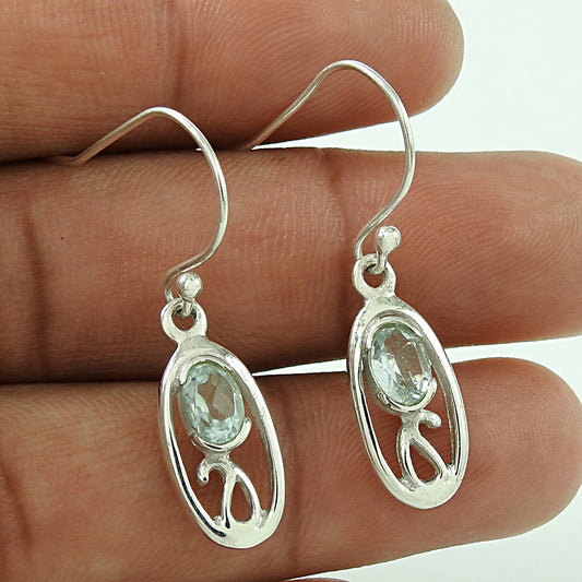 Natural Blue Topaz Gemstone 925 Silver Drop Dangle Ethnic Earrings For Girls W13