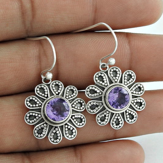 Natural Amethyst Gemstone Drop Dangle Boho Earrings 925 Silver For Girls M84