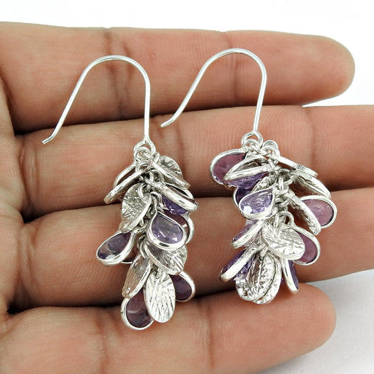 Natural Amethyst Gemstone Drop Dangle Tribal Earrings 925 Silver For Girls Y14