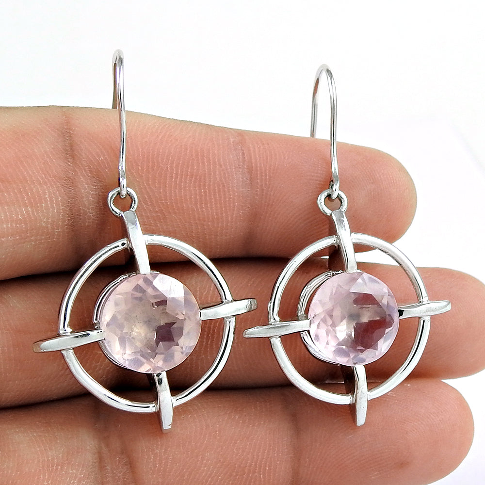 Woman Gift 925 Silver Natural Rose Quartz Drop Dangle Tribal Earrings F15