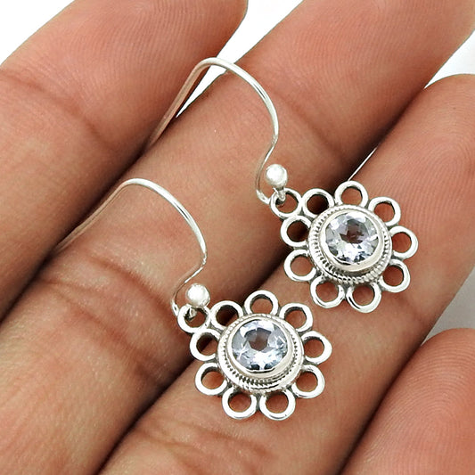 Natural Blue Topaz Gemstone 925 Silver Drop Dangle Flower Earrings For Women T30